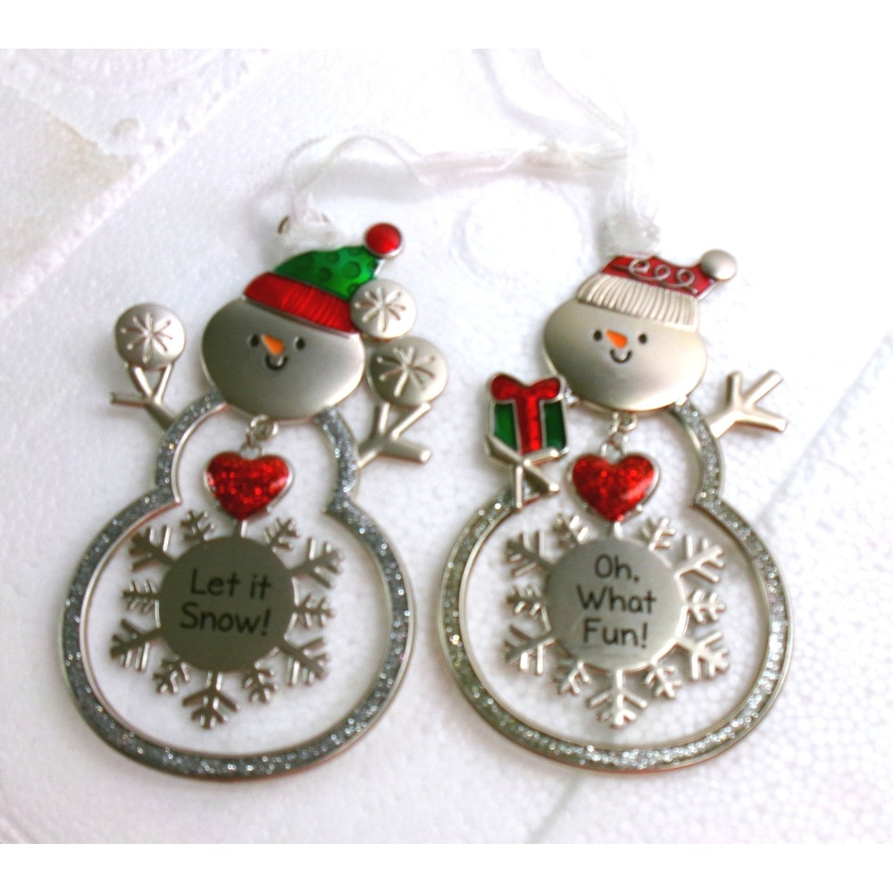 Ganz Metal Snowman Ornaments Set of 2 Let It Snow Oh What Fun Silver Snowflake‎